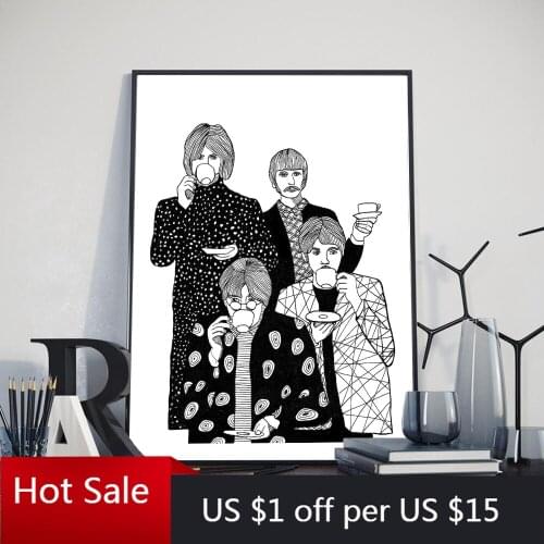 Nordic Abstract Anime Drinking Tea Art Canvas Painting Posters And Prints Black White Four Man Wall Decor Pictures Aesthetic Roo