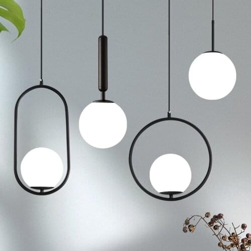 Glass Ball Pendant Lights Milky white lampshade Modern LED Hanging Lamp for Living Room Brass/Black/Chrome Pendant Lamp