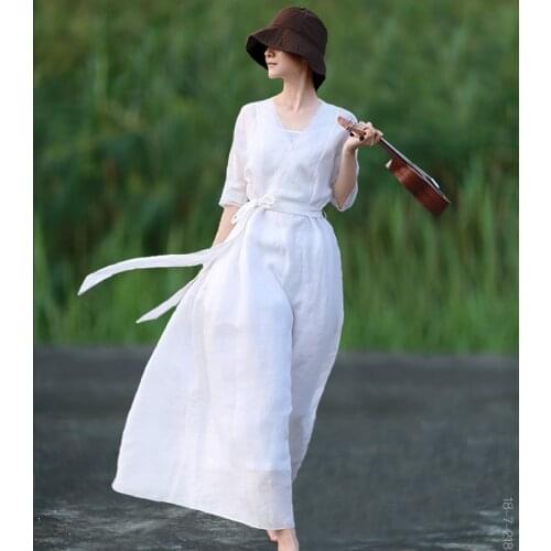 A yuan family white literature and art ramie dress super fairy V-neck holiday long skirt