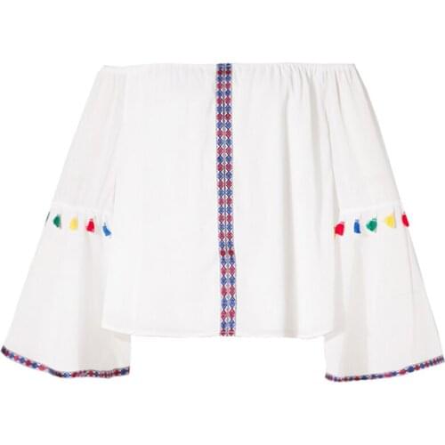 PERHAPS U Women White Slash Neck Embroidery Tassel Flare Sleeve Shirt Long Sleeve Loose Bohemian Chiffon Blouse B0795