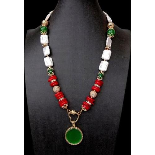 Y.YING White Rectangle Pearl Green Jade Red Coral Necklace Coin Shape Agate Pendant 24"