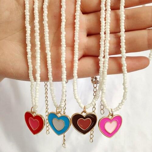Kpop Beaded Double Layer Dripping Oil Love Heart Choker Necklaces For Women Vintage Pearl beads Chain Necklace Party New Jewelry
