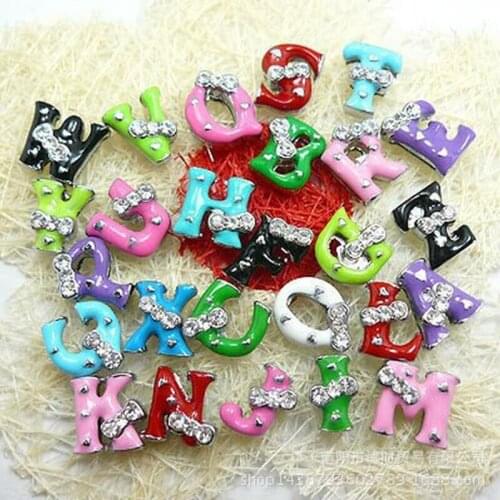 10 piece Internal Dia Rhinestone Heart 8mm slide Charm Colorful English letters DIY Accessories fit 8mm wide belt pet collar