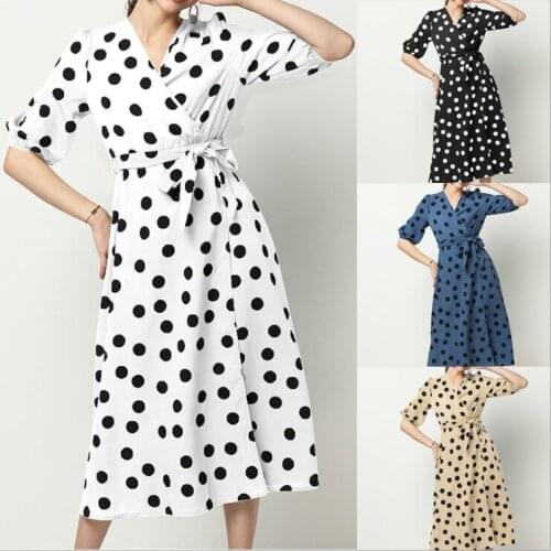 2021 Elegant Polka Dot Long Women Vestidos summer Lantern Half Sleeve Casual Sashes Dress Sexy V Neck Vintage Midi Party Dresses