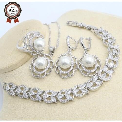 White Pearl Silver Color Jewelry Set for Women White Zircon Bracelet Earring Necklace Pendant Ring Birthday Gift