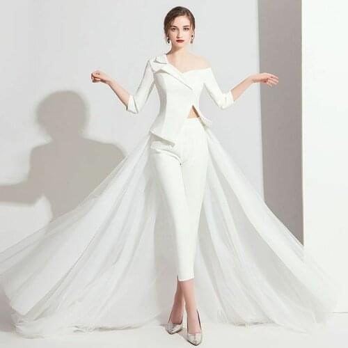 Long White Satin Jumpsuit Evening Dresses with Sleeves A-Line Ankle Length Zipper Back Formal Party Dresses for Women