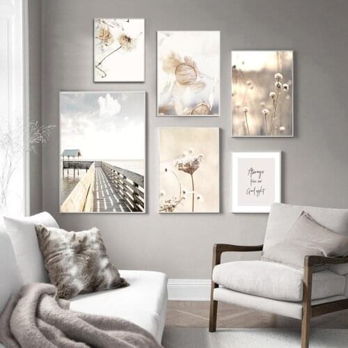 Beige Flower Grass Leaf Canvas Painting Scenery Quote Wall Art Picture Modern Home Decor Poster and Print Living Room Design