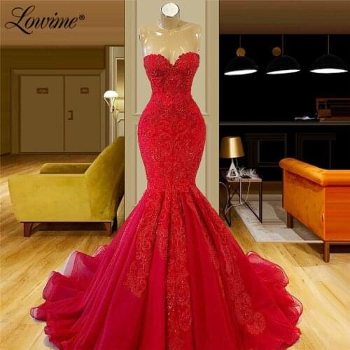 Lowime Red Applique Beaded Long Evening Dresses Dubai Mermaid Evening Gowns Celebrity Formal Dress Party Plus Size Arabic Gowns