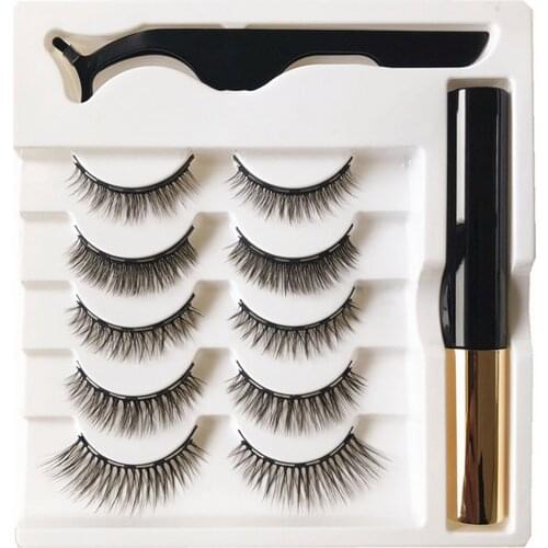 Magnetic Eyelashes Kit 5 Pairs Reusable 3D Magnetic False Lashes with 1pcs Magnetic Eyeliner and 1PCS Tweezers for Natural Look