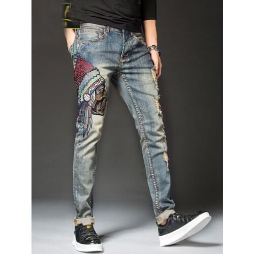 Free Shipping New mens male denim jeans Hole embroidery Slim cow 98% cotton straight tide brand beggar Korean pants trousers