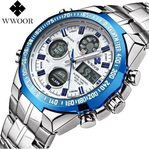 Top Brand WWOOR Mens Full steel Waterproof Sports Watches Men LED Quartz Clock Mens Casual Army Military Luminous Wrist Watch