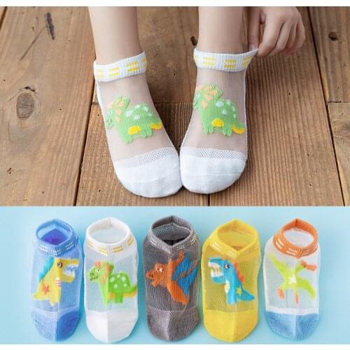 New Childrens Ice Stocks Spring and Summer Breathable Short Tube Socks Cute Fun Dinosaur Glass Stockings Baby Socks