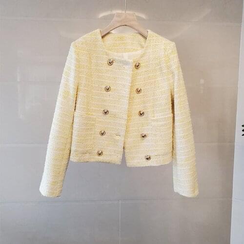 NEW ARRIVAL 2021 France style womens double-breasted O-neck tweed jackets B390