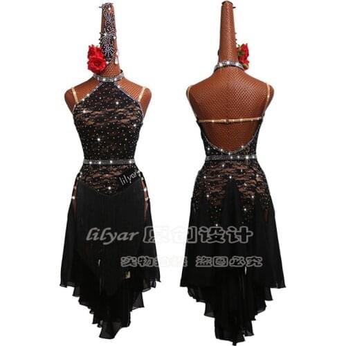New Latin Dance Dress Competition Dress Costumes Skirt Performing Dress Customize size Black Lace Hollowed-out Chinese Neckline