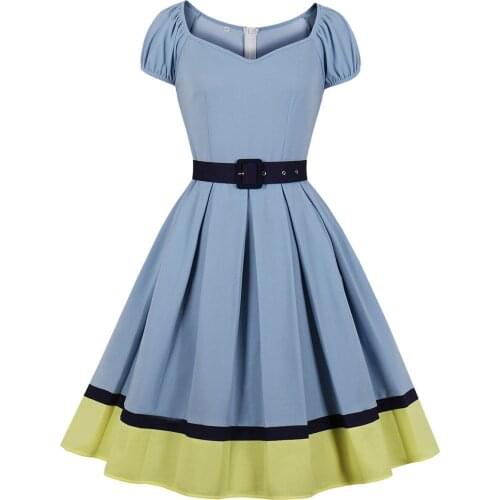 Short Sleeve Summer Pleated Swing Dress With Black Belt Patchwork Vintage 50s 60s Office Slim Fit Rockabilly Sundress For Party