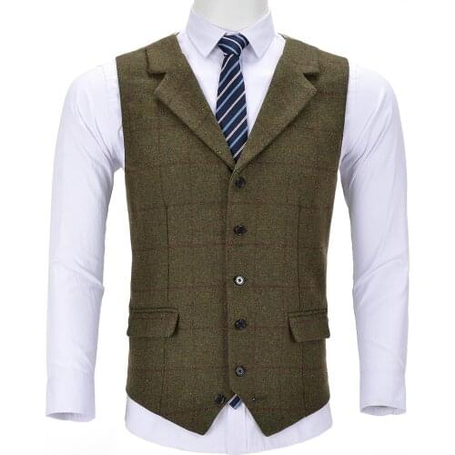 Casual Gentleman Mens Army Green Vest Plaid Soft Wool Brown Jacket Tweed Business Waistcoat For Groosmen Best Man For Wedding