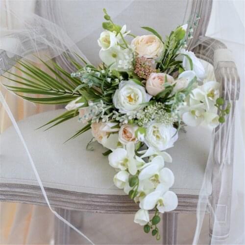 SESTHFAR Rose Orchid Teardrop Bridal Bouquet Lily Of The Valley Flower Waterfall Bouquet European Style Wedding Holding Flowers