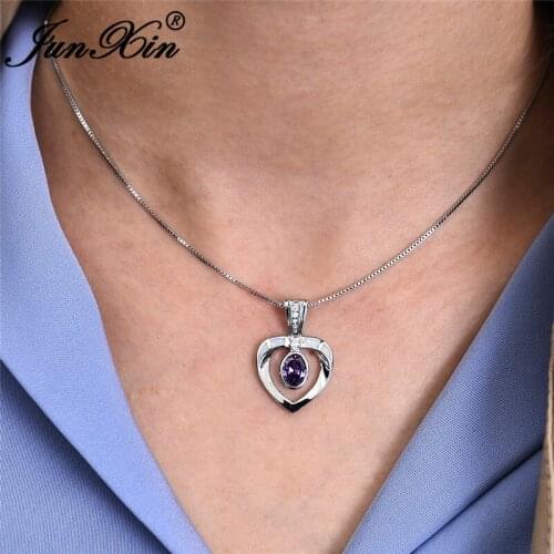 Silver Color Heart Pendant Blue White Fire Opal Necklaces For Women Black Gold Oval Purple Zircon Choker LOVE Wedding Necklace