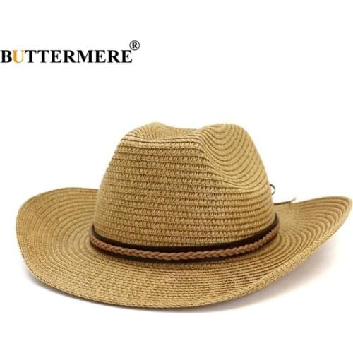 BUTTERMERE Cowboy Hat Women Men Summer Straw Sun Hat Wide Brim Sombrero Cowgirl Cap
