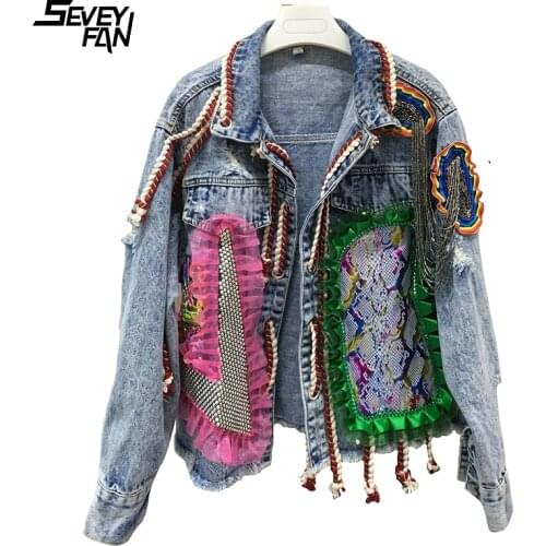 Women Fashion Denim Jacket Lace Sequin Patchwork Metal Tassel Punk Jeans Jackets Bandage Hole Streetwear Blue Outwear Clothes