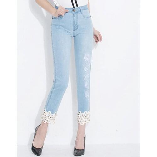 FERZIGE Brand Straight Pants 2019 Beautiful Embroidery Flower Skinny Jeans Women Sweet High Waist Casual Pants Plus Size 36 Jean