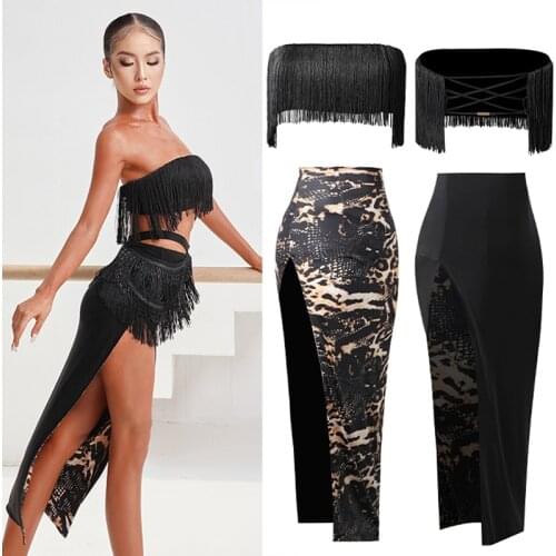 New Black Wrapped Chest Tassel Cross Strap Top Split Leopard Print Long Skirt Women Latin Dance Costume Practice Clothes SL5302