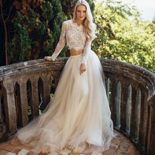 Eightree Champagne Beach 2 Piece Wedding Dresses 2021 Long Sleeve Lace Bride Dress Sexy Boho Wedding Gowns Mariage Women