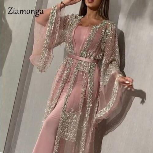 Ziamonga 2 Pieces Set Autumn 2020 New Sequined Mesh Dress Women Sexy Long Sleeve Evening Party Dresses Elegant Maxi Sexy Dress