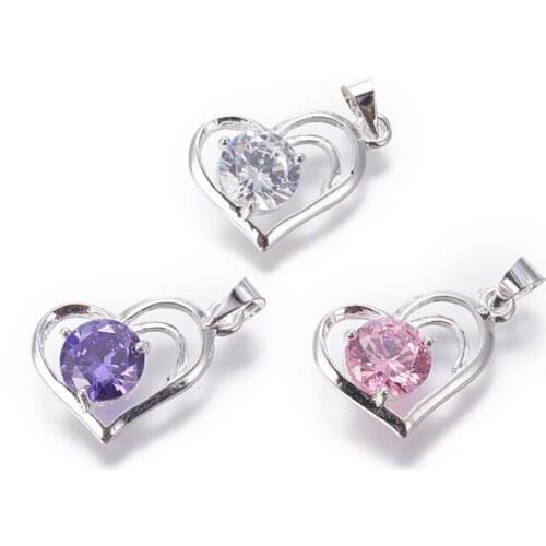5pcs Cubic Zirconia Heart Pendant Charms Silver Color Plated for Necklace Jewelry DIY Making Accessories Valentines Gifts