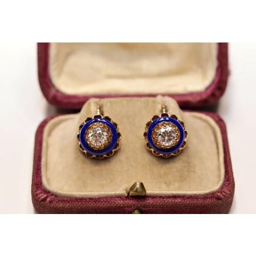 ANTIQUE VICTORIAN STYLE NEW MADE 18K GOLD NATURAL DIAMOND AND ENAMEL EARRING