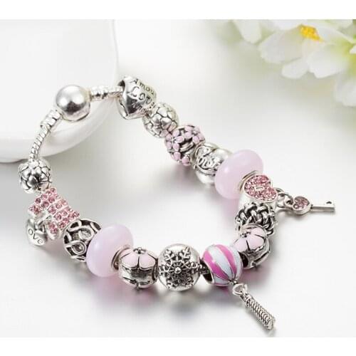 ANNAPAER Brand Key & lock Charm Bracelets & Bangles Fashion pink Crystal Beads Bracelets For Women DIY Jewelry B17032