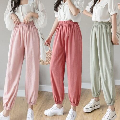 Summer Cotton Linen Harem Pants For Women Casual Thin Elastic High Waist Loose Solid Long Trousers Sweet Female Streetwear Pants