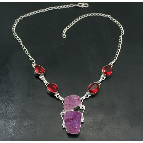 Hermosa Natural PurpleDruzy Red Garnet Silver Color Necklace Women Chain Necklace 18 Inch A202