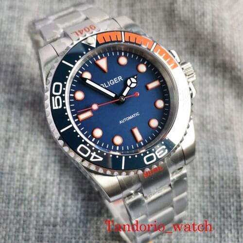 40mm MIyota 8215 Automatic SUB Men Watch Bliger Blue Dial Ceramic Insert Sapphire Glass Green Luminous Oyster Bracelet