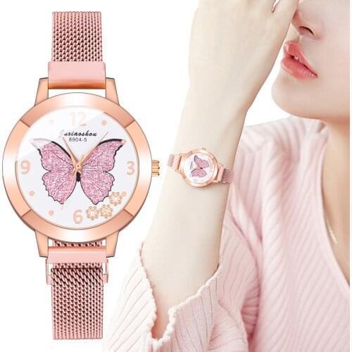Luxury Butterfly Watches Fashion Womens Quartz Wristwatches Stainless Band Strap Spin Watch Ladies Clock Reloj Para Mujeres F3