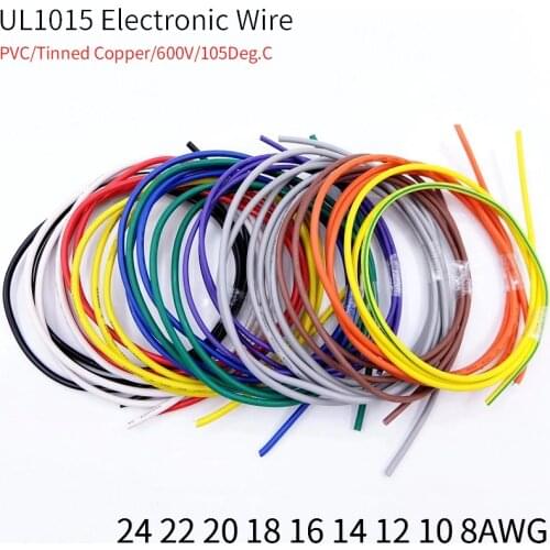 2M/5M Wire Cable UL1015 Electronic Tinned Copper Wire PVC Insulated 8 10 12 14 16 18 20 22 24 AWG White/Black/Red/Yellow/Green