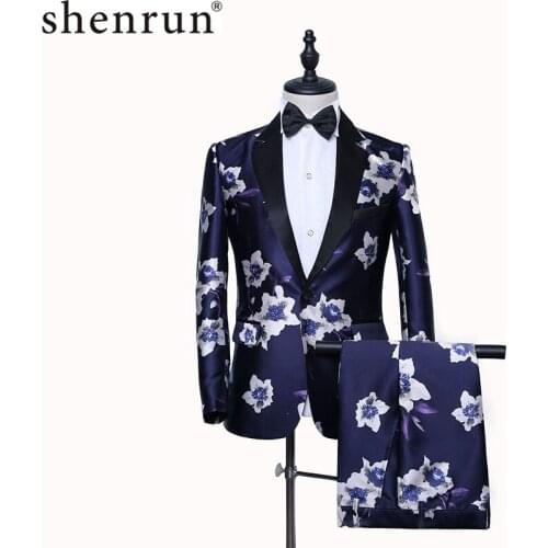 Shenrun Mens Blue 2 Pieces Suit Notch Lapel Floral Print Groom Tuxedo Party Prom Singer Musician Host Male Stage Show Costume