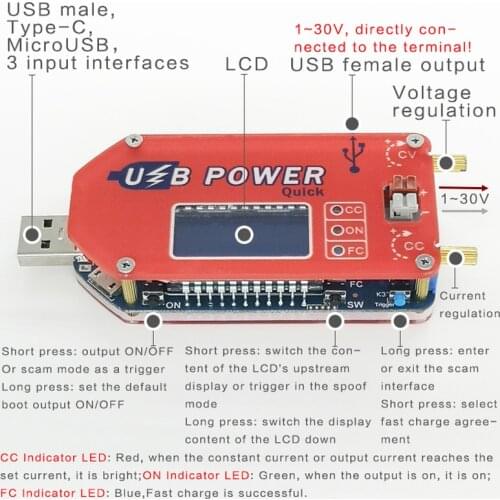 DP3A Digital display USB adjustable power module DC 1-30V 15W QC 2.0 3.0 FCP Quick charge 12v 24v laboratory power supply