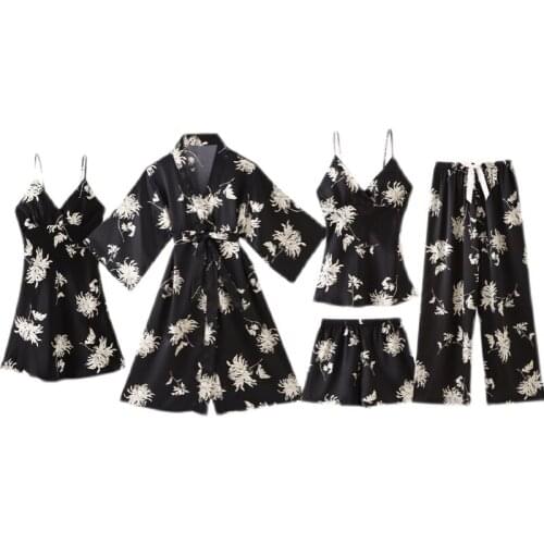 Four seasons new imitation silk sexy sling pajamas women nightdress with chest pad set printing five-piece home service