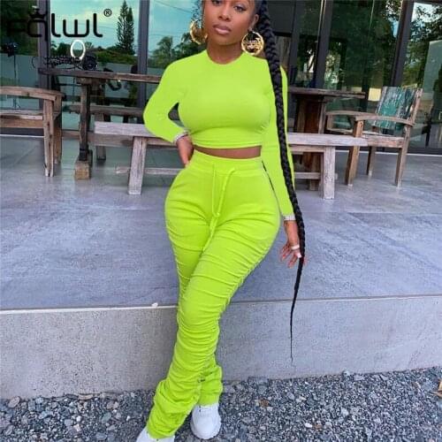 FQLWL Streetwear Autumn Two 2 Piece Set Women Outfits Long Sleeve Crop Top Female Stacked Leggings Pants Ladies Tracksuit Women