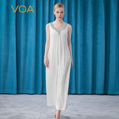 VOA 40M/m Heavy Silk White Vertical Stripes Front and Back V-neck Wooden Ear Decoration Loose Waist Sloping Bag Jumpsuit KE257