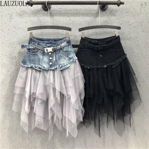 Summer Denim Tulle Pleated Skirts Womens Asymmetrical Mesh Patchwork Pocket Empire Midi Skirt Tassel Streetwear Saia Jeans Black