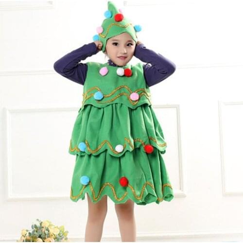 New Year Green Christmas Tree Cosplay Costumes Dress Carnival Party Costumes for Kids Girl Magic Wand Hat