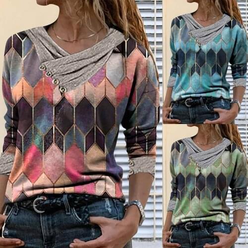 Women Sexy V Neck Blouse Shirt 2021 Tie-dye Printed Embroidery Collar Long Sleeve Pullover Vintage Blouse Tops chemise femme