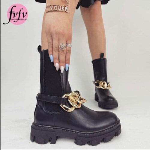 [FVFV]2021 autumn round head womens shoes black big chain short boots Women low-heeled fvf 's womens boots big size 36-41