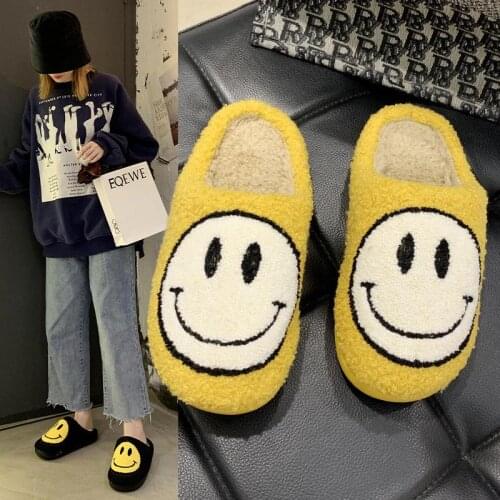 2021 Women Fluffy Fur Slippers Big Smile Floor Slipper Short Plush Fleece Flat for Couple Shoes Black Lady Indoor Slippers