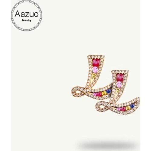 Aazuo 18K Jewelry Rose Gold Natural Coloured Gemstone Real Diamond Initial Lucky 26 Letters Stud Earring gifted for Women Au750