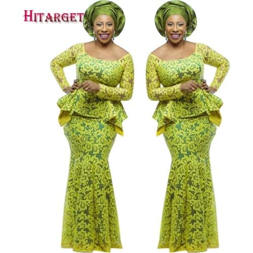 African Dashiki Ankara Lace Wax Clothing African Print Lace Top and Fish Tail Skirt Set for Women with Head Scarf WY2427