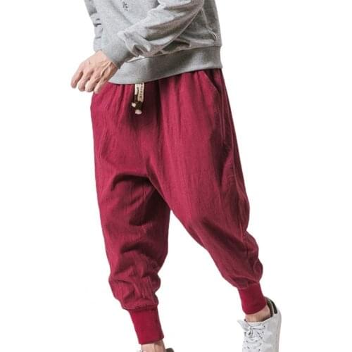 Harem Pants Baggy Drawstring Men Drop-crotch Pockets Trousers for Daily Wear Harem Pants Solid Color Drop Crotch Japanese Style