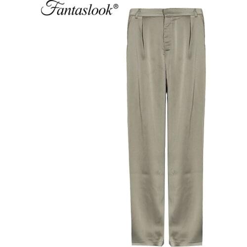 Casual Pants Women High Waist Satin Long Pants Autumn Solid Side Pockets Wide Leg Pants Korean Loose Zipper Trousers Mujer